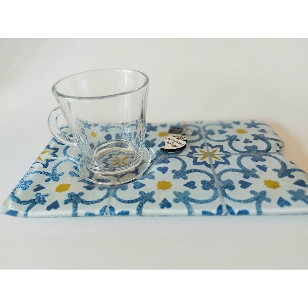 ''Azulejo'' cup and tray in fused glass