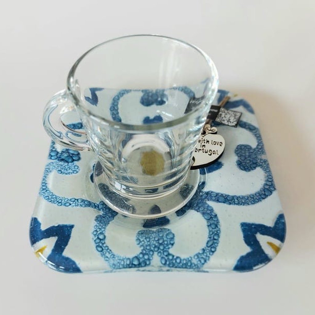 Tasse expresso et sous tasse ''Azulejo'' en verre fusionné